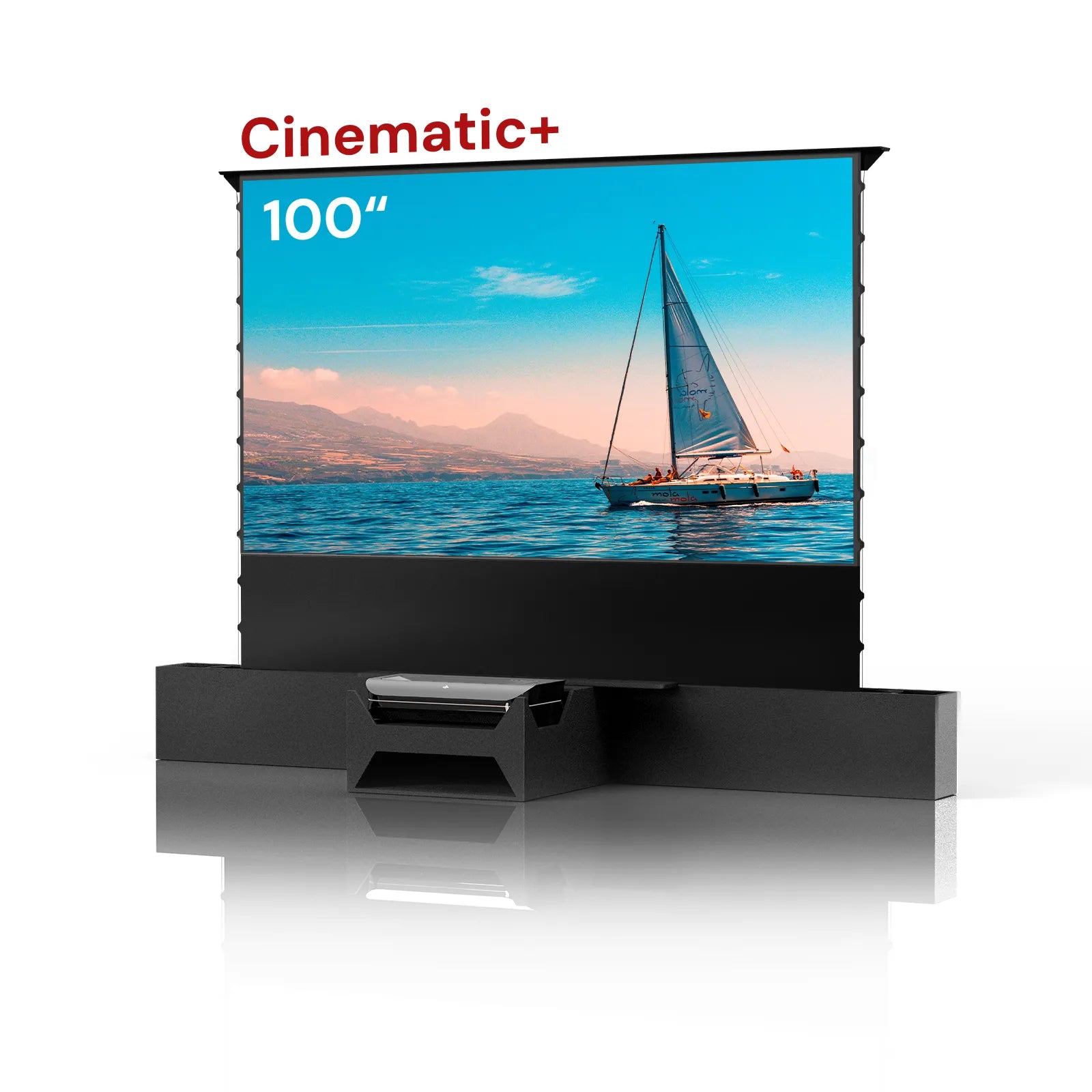 100-inch AWOL Vision Cinematic+ UST projector screen showing sailboat view, IMAX projector quality.