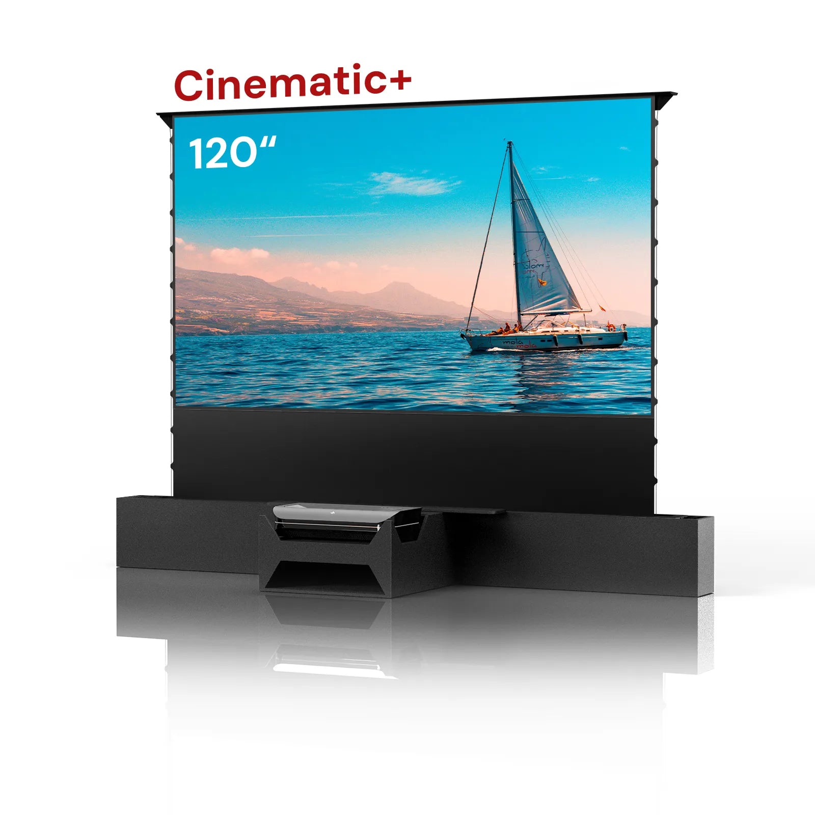 120-inch AWOL Vision Cinematic+ UST projector screen with vibrant ocean display, IMAX projector clarity.