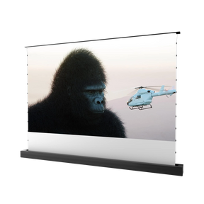 The AWOL Vision Matte White Motorized Floor Rising Screen, projects sharp details of a gorilla and helicopter with clarity.