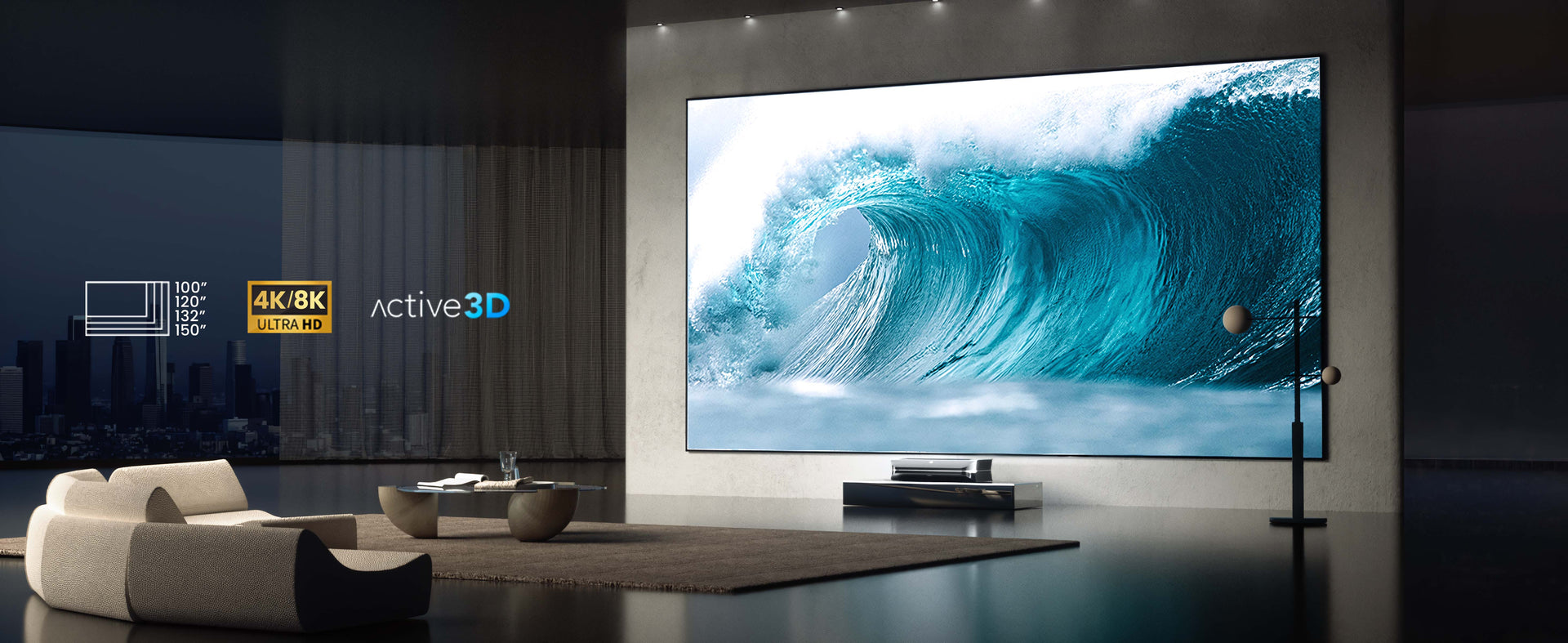 AWOL Vision Cinematic ALR Screen showcasing active 3D in a home theater setup.