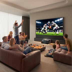 AWOL Vision Aetherion Max 4K RGB Laser ultra short throw projector setup for big-screen sports viewing in a family living room.