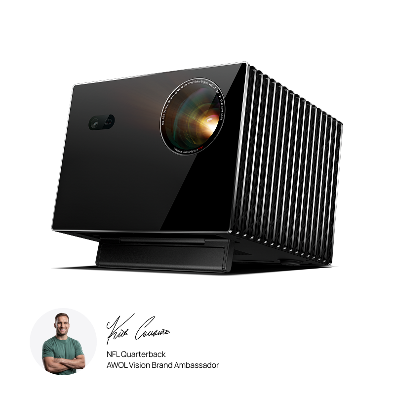 Valerion VisionMaster Max long-throw 4K RGB triple-laser projector, angled front view with precision lens and finned side grille.