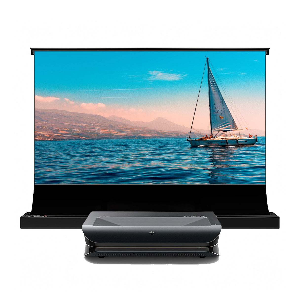 AWOL Vision LTV-3500 Pro projector and Cinematic+ screen bundle showcasing a sailboat on the ocean.