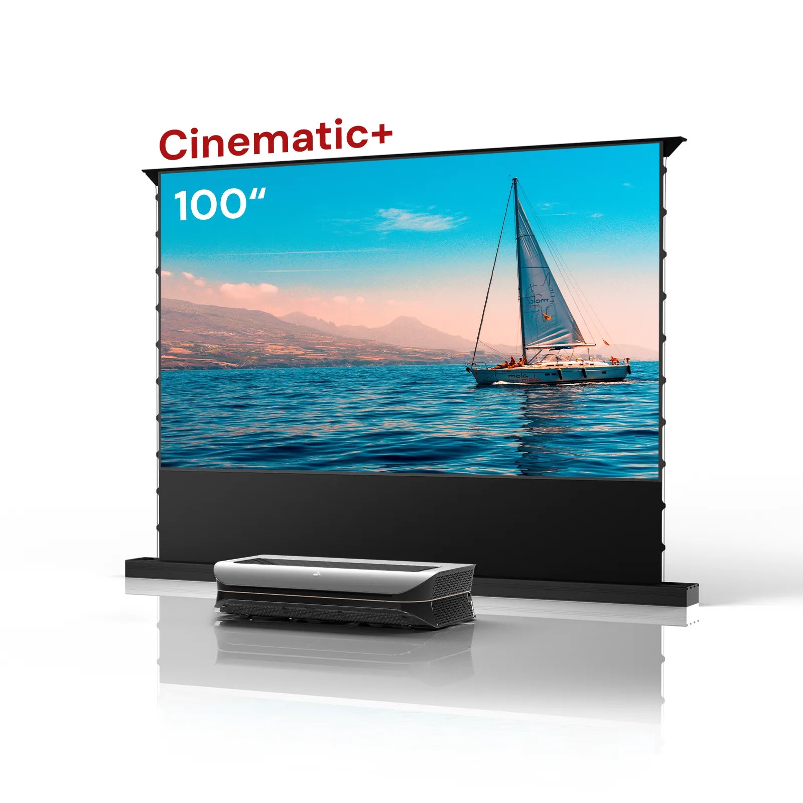 100-inch AWOL Vision Cinematic+ UST projector screen with ocean sailboat, IMAX projector clarity.
