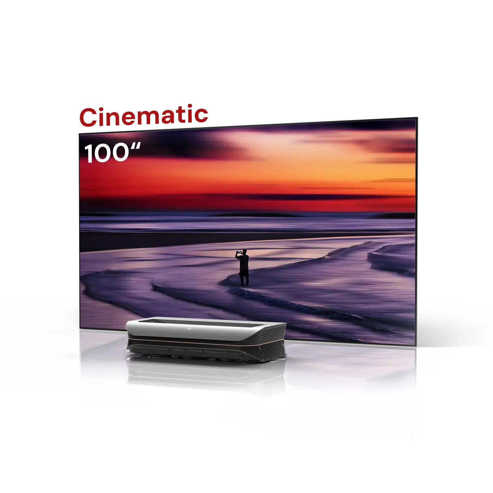 100-inch AWOL Vision Cinematic UST projector screen showing beach sunset, IMAX projector visuals.