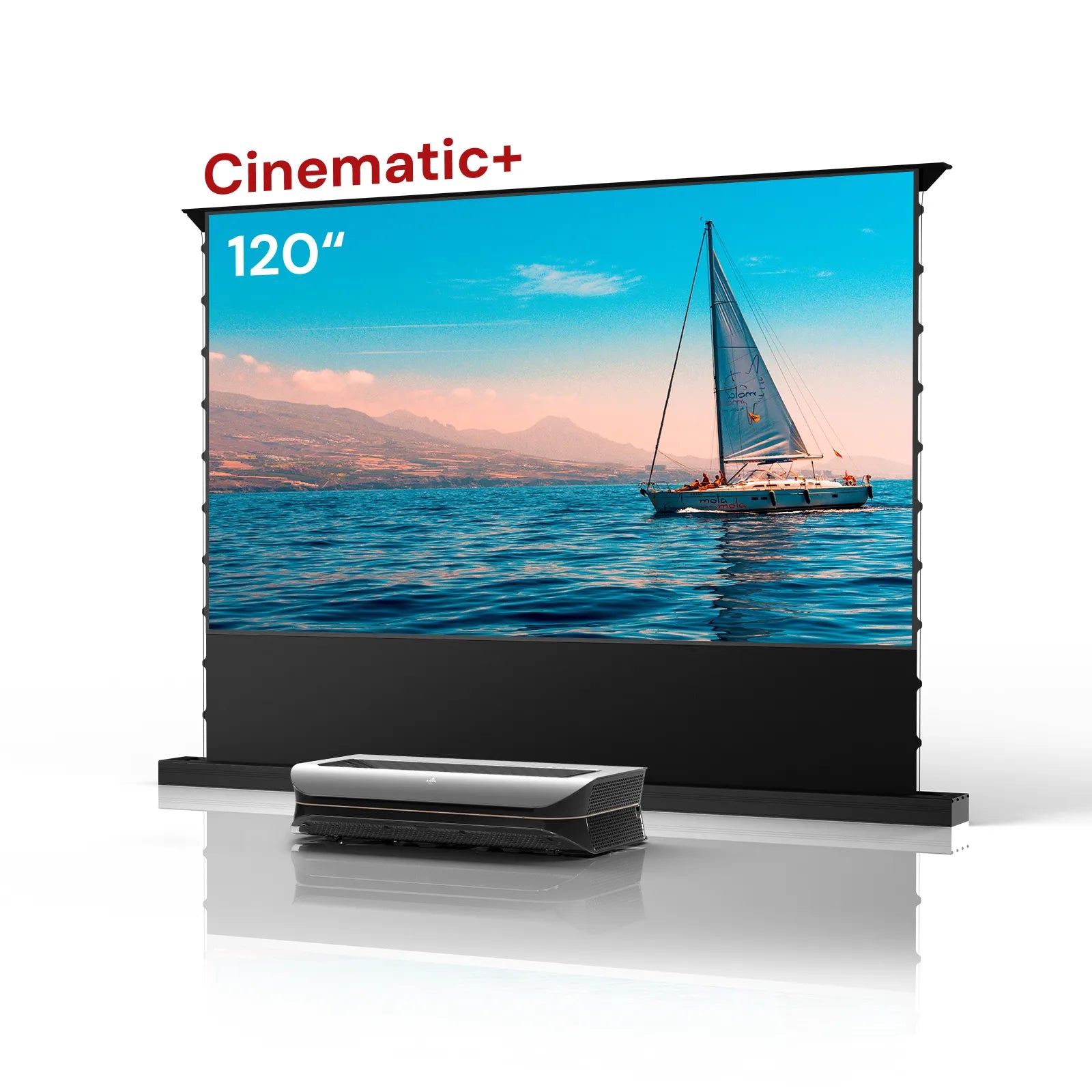 120-inch AWOL Vision Cinematic+ UST projector screen showing ocean view, IMAX projector display.