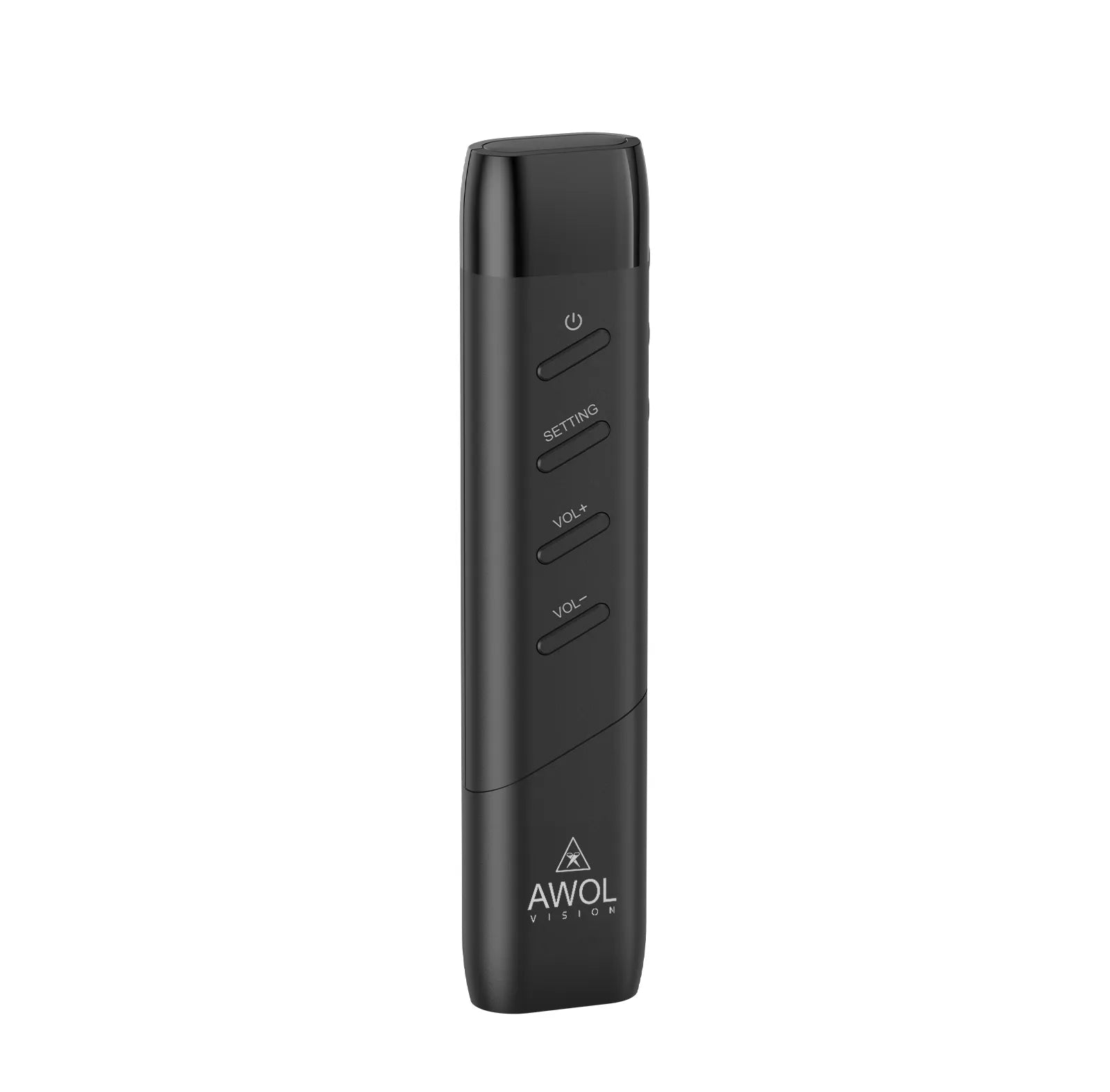 Front view of wireless remote for enhanced control over home theater systems and easy-to-use buttons.