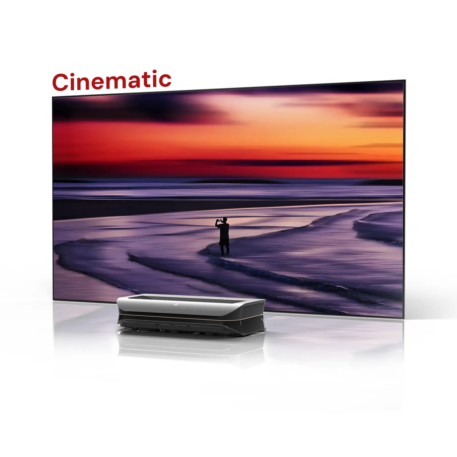 AWOL Vision Cinematic UST projector with sunset beach image, IMAX projector performance.