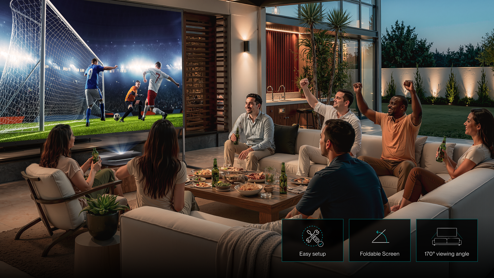 Backyard soccer match day watch party with AWOL Vision projector and portable outdoor screen.