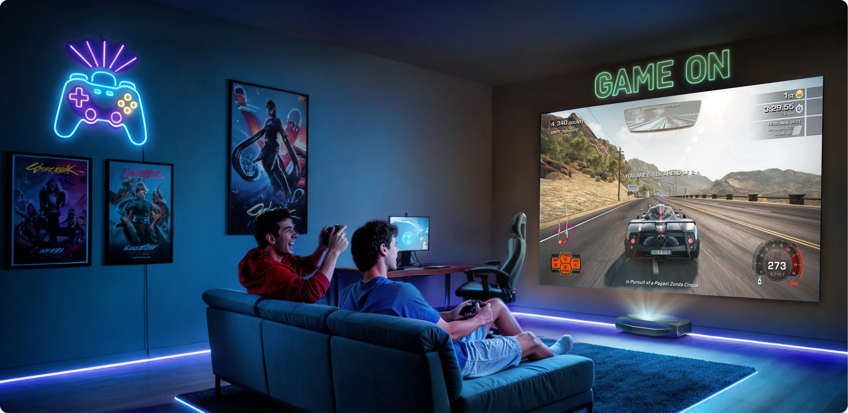 Gamers playing racing game on a large projected screen with Aetherion Pro projector in a neon-lit room.