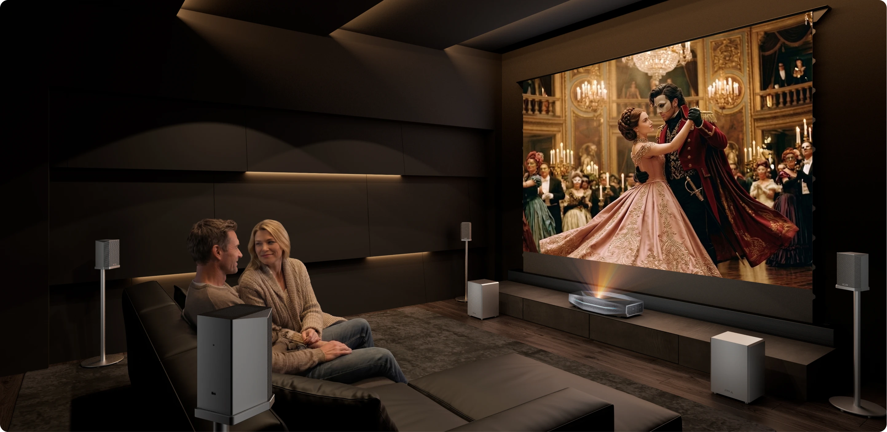 Luxury home theater with Aetherion Max projector, large cinema screen, and surround sound system.