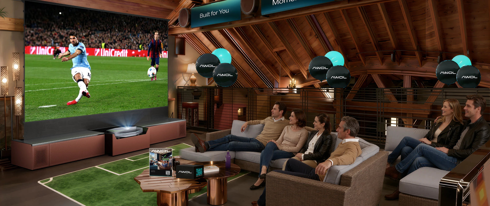Sports game day theater lounge with AWOL Vision projector and large soccer screen.