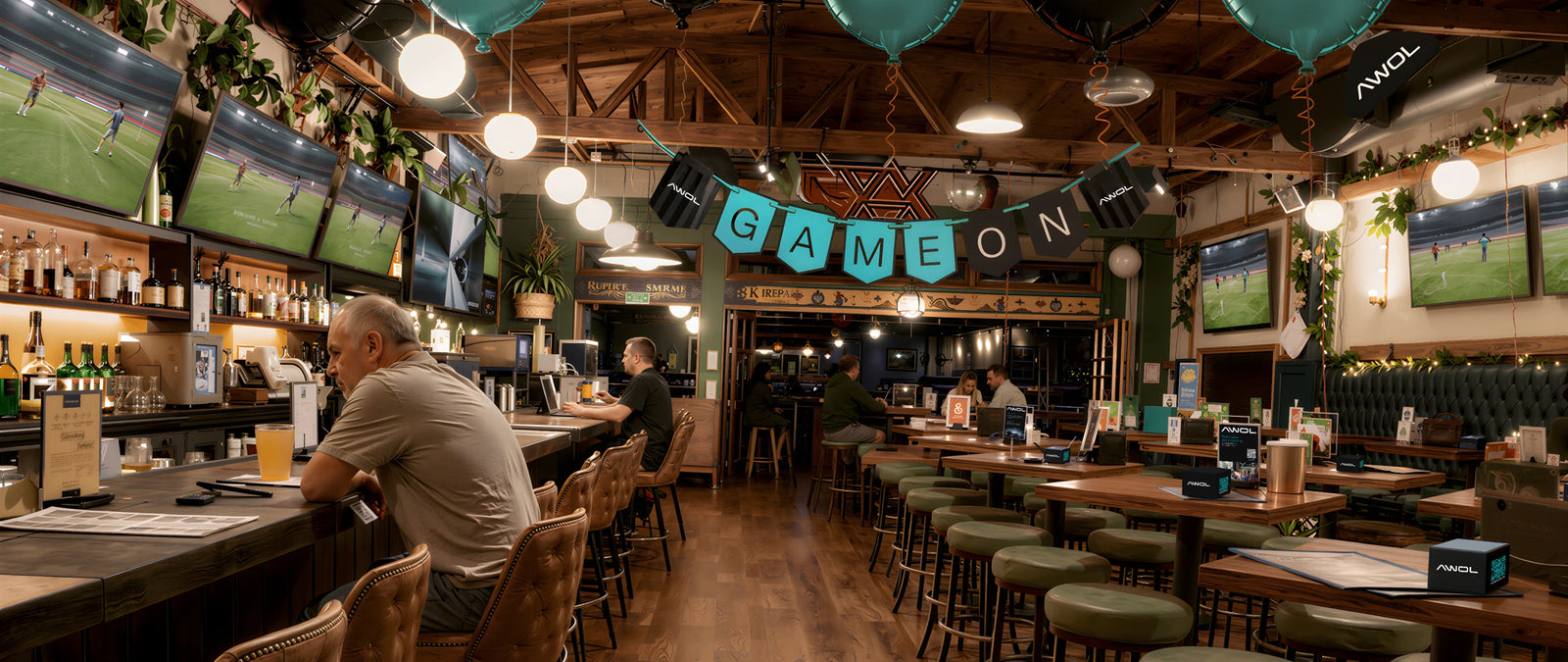 Sports bar decorated for an AWOL Vision soccer game day watch party.
