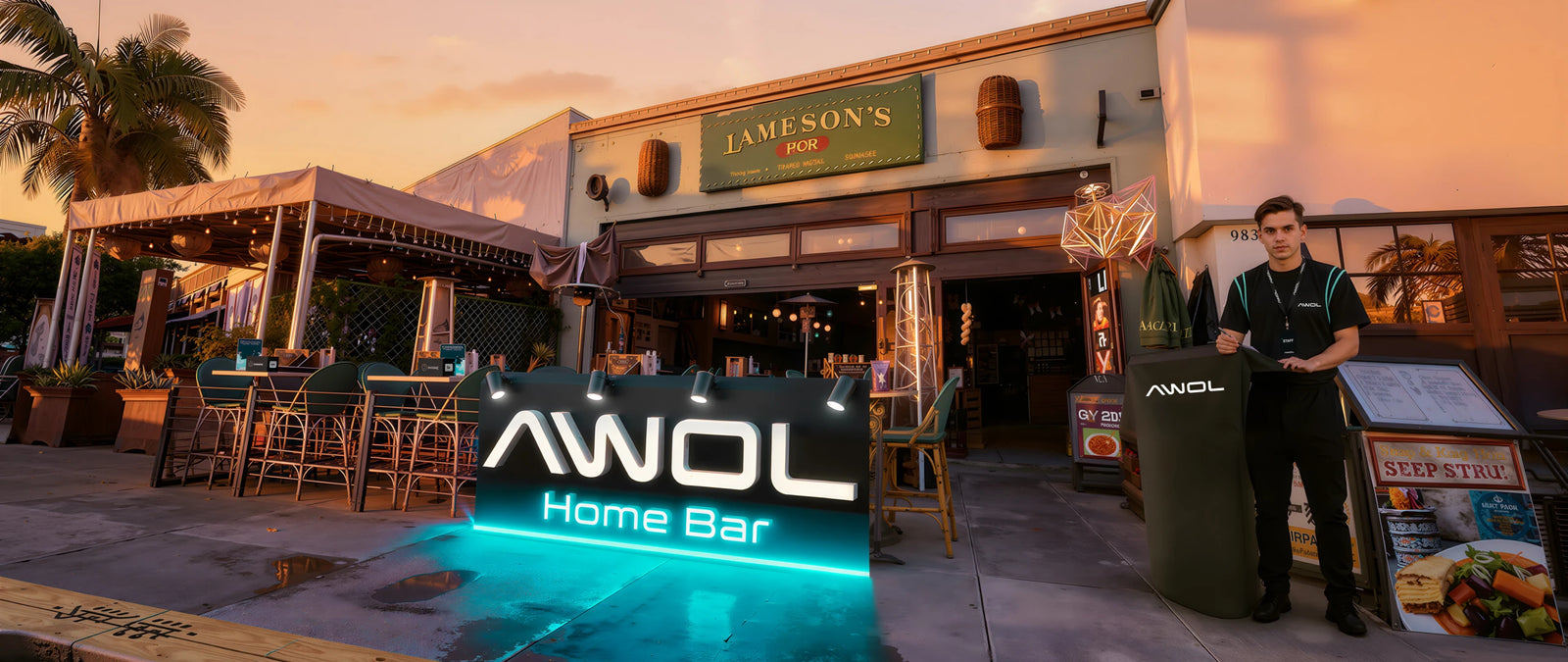AWOL Home Bar exterior hosting a soccer game day watch party event.
