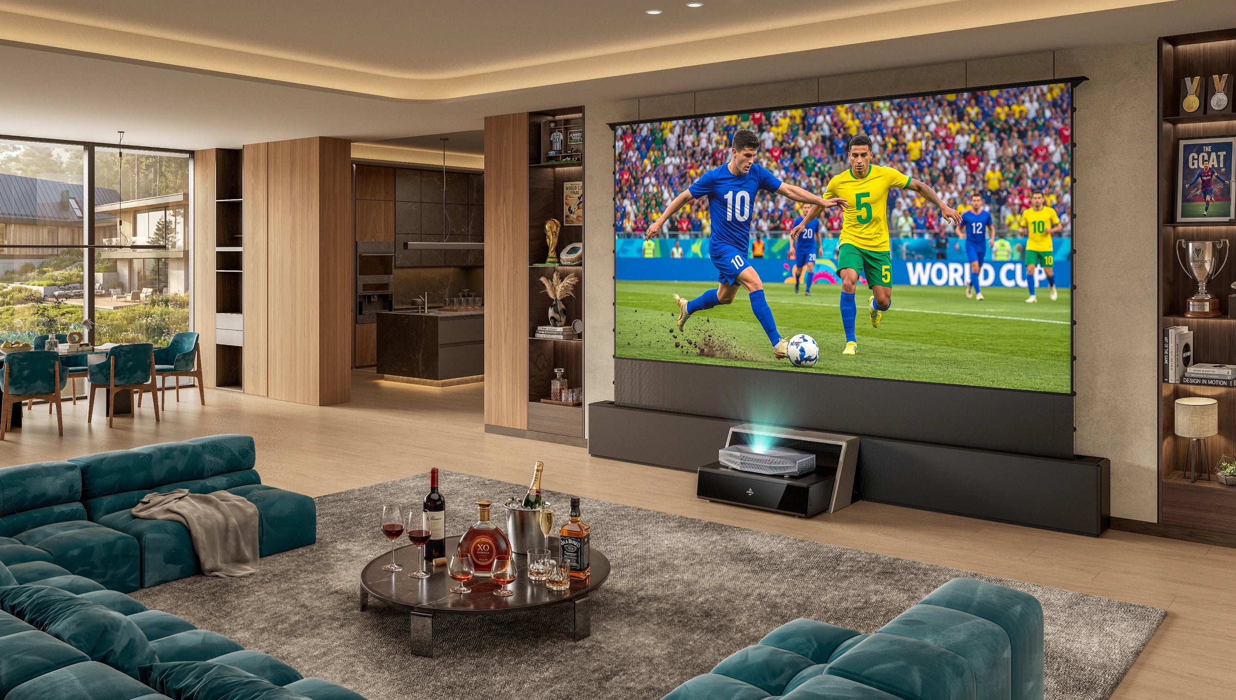 Bright living room soccer game day watch party with AWOL Vision projector and daylight screen.