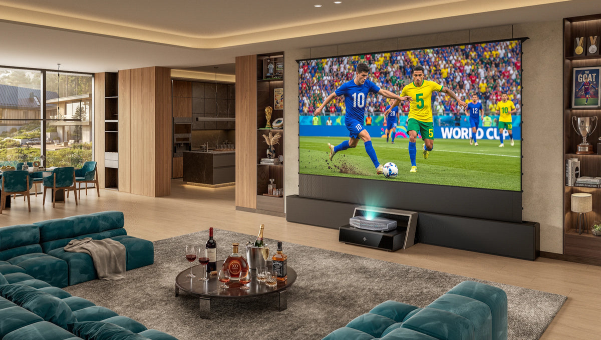 Bright living room soccer game day watch party with AWOL Vision projector and daylight screen.