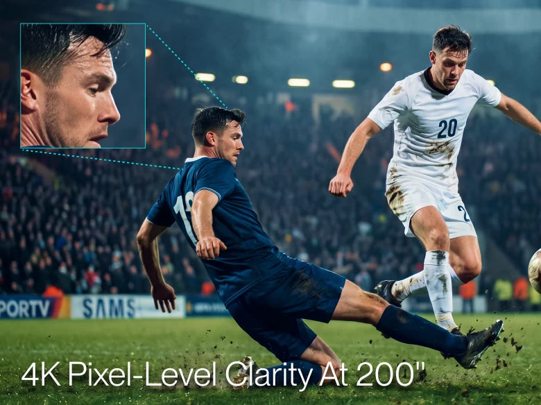 AWOL Vision 4K sports game day projection with pixel-level soccer clarity at 200 inches. 