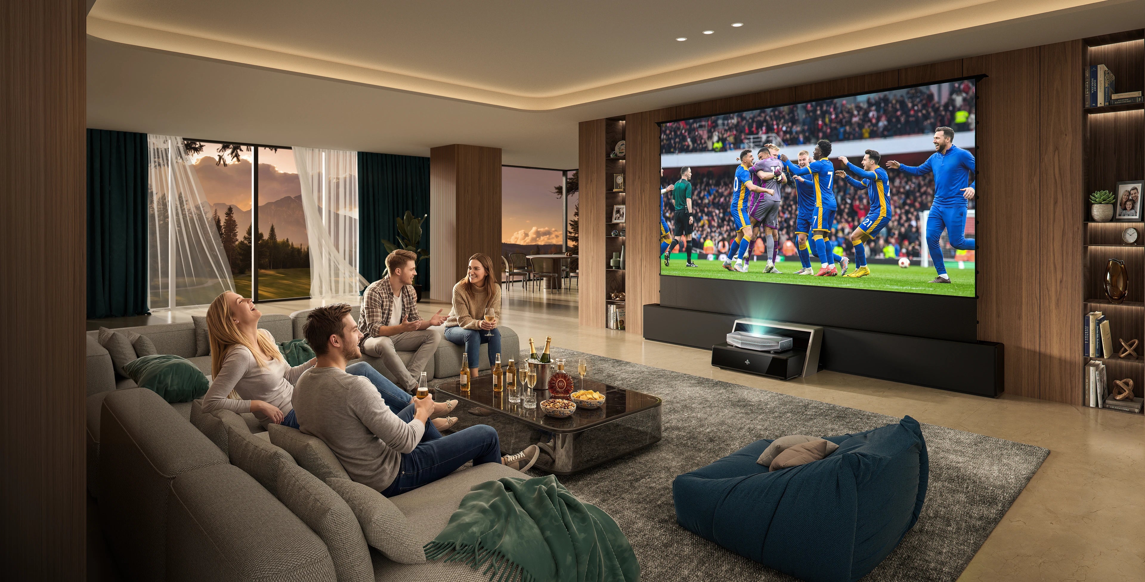 Friends watching a soccer match on an AWOL Vision living room cinema setup with a large projector screen.