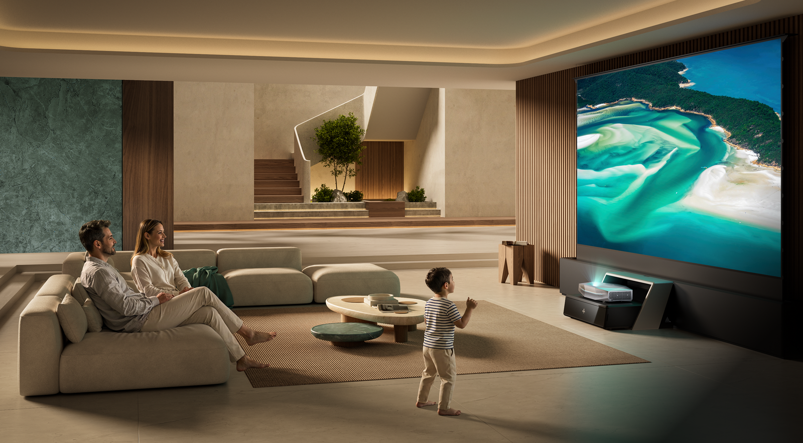 AWOL Vision Aetherion UST projector bringing large-screen everyday entertainment to a modern living room.