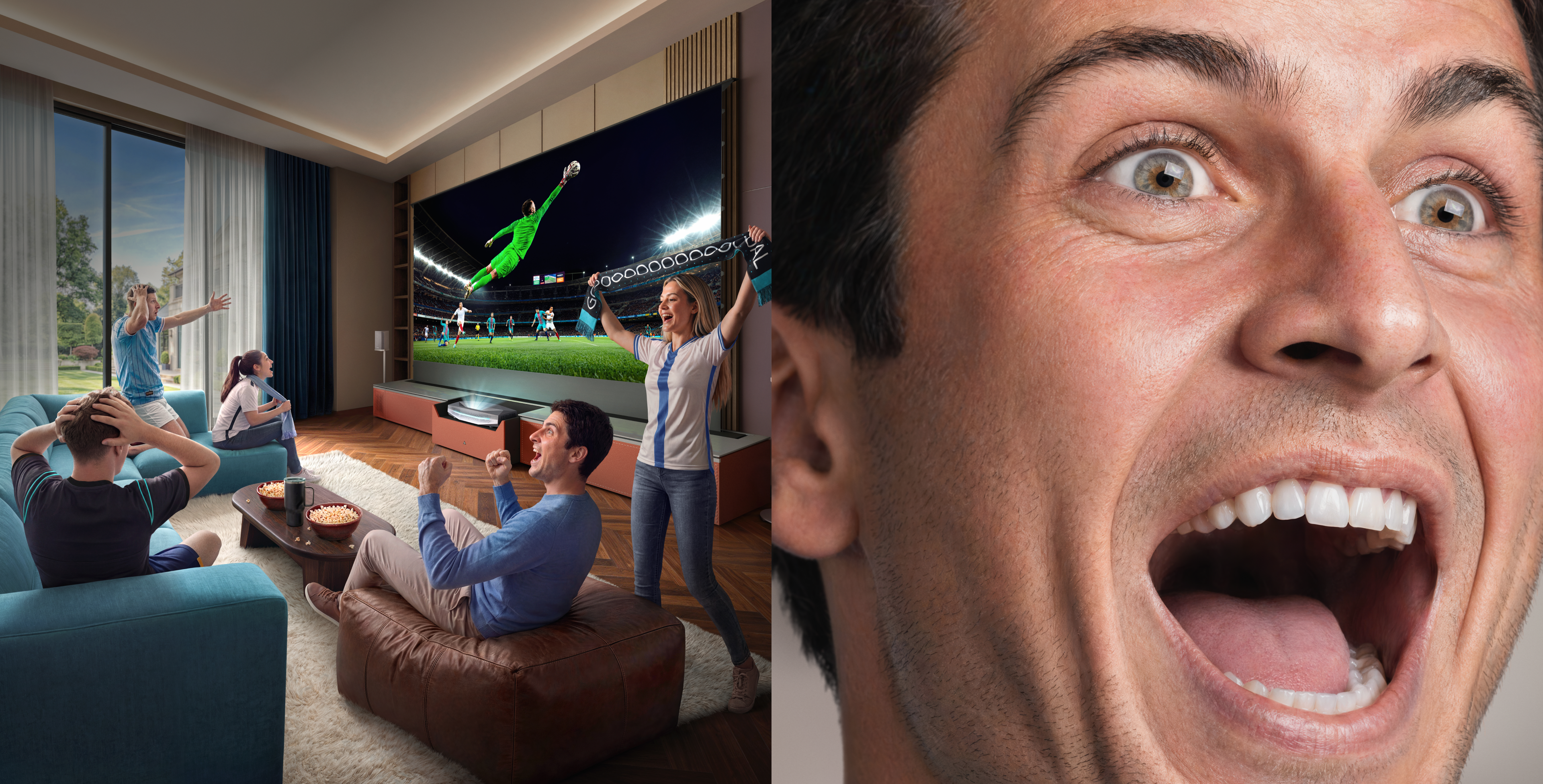 Excited fans watching a soccer sports match day on a giant AWOL projector screen at home.