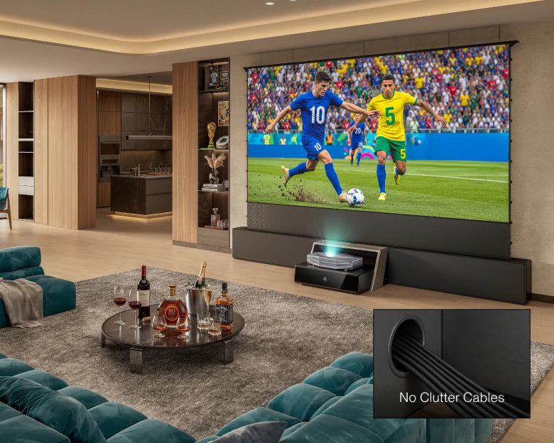 AWOL Vision living room projector setup showing a soccer match with hidden cable design for a cleaner space.