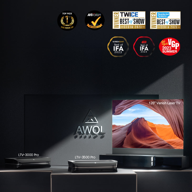 Award-winning AWOL Vision LTV-3000 Pro and LTV-3500 Pro and Vanish Laser TV with industry accolades.
