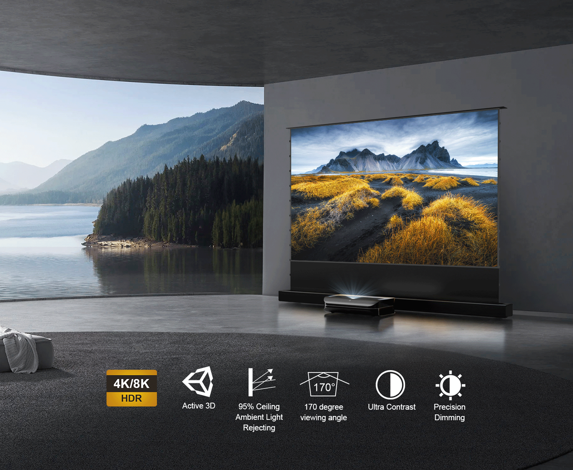 120-inch Cinematic+ ALR floor rising projector screen with 4K/8K HDR, active 3D, and 95% ceiling ambient light rejecting.