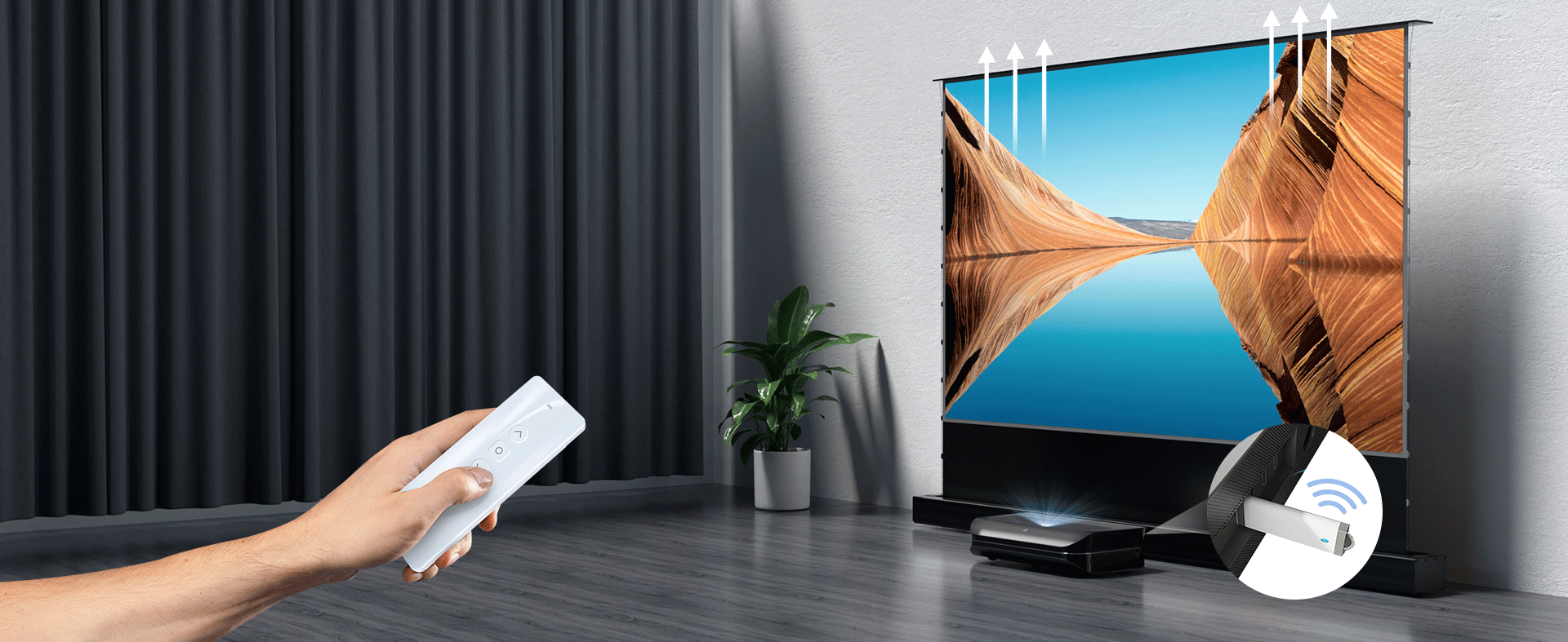Cinematic+ ALR Screen synchronized with projector, showing effortless rise and fall with USB trigger and remote control.