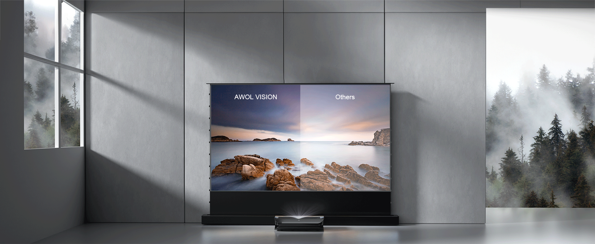 Cinematic+ ALR motorized projector screen comparison showing 95% ceiling ambient light rejection.