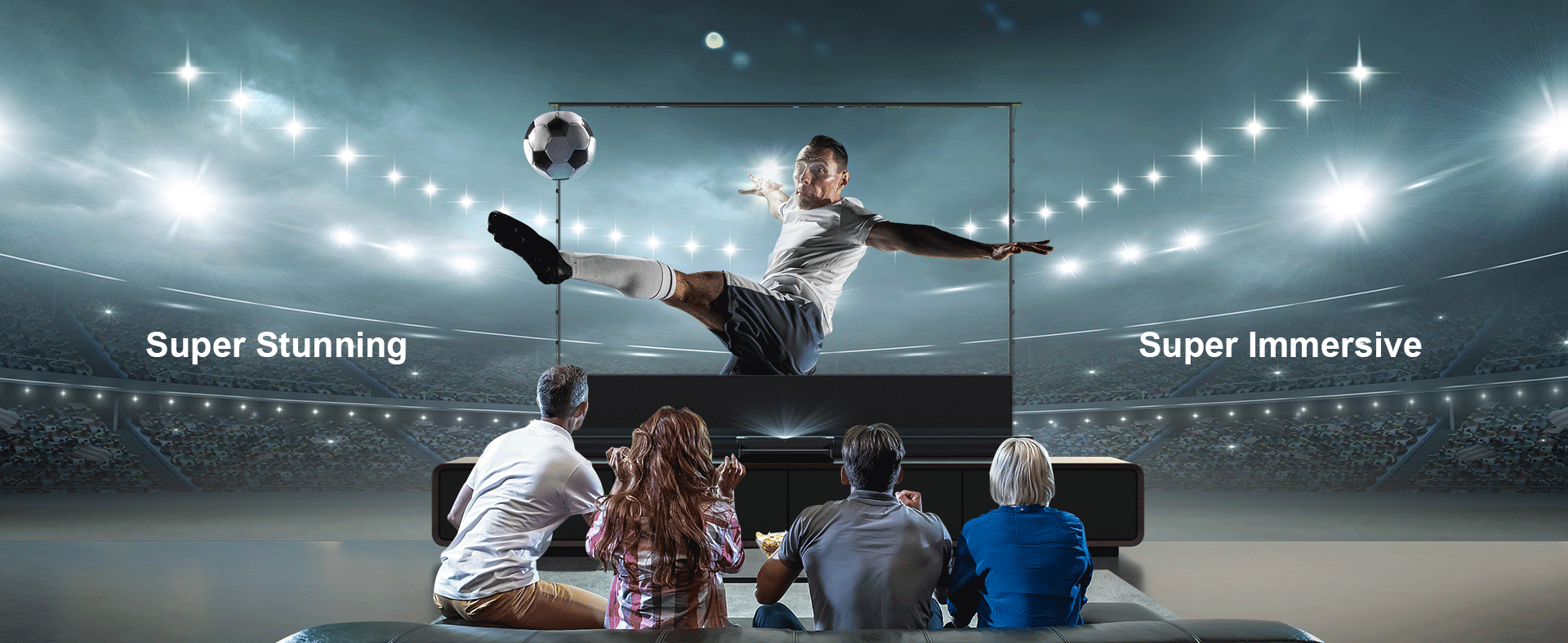 Family enjoying an immersive viewing experience with Cinematic+ ALR motorized projector screen.