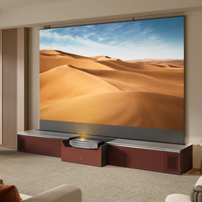 AWOL Vision New Gen Vanish TV Cabinet paired with a floor-rising screen in a modern living room UST projector setup.