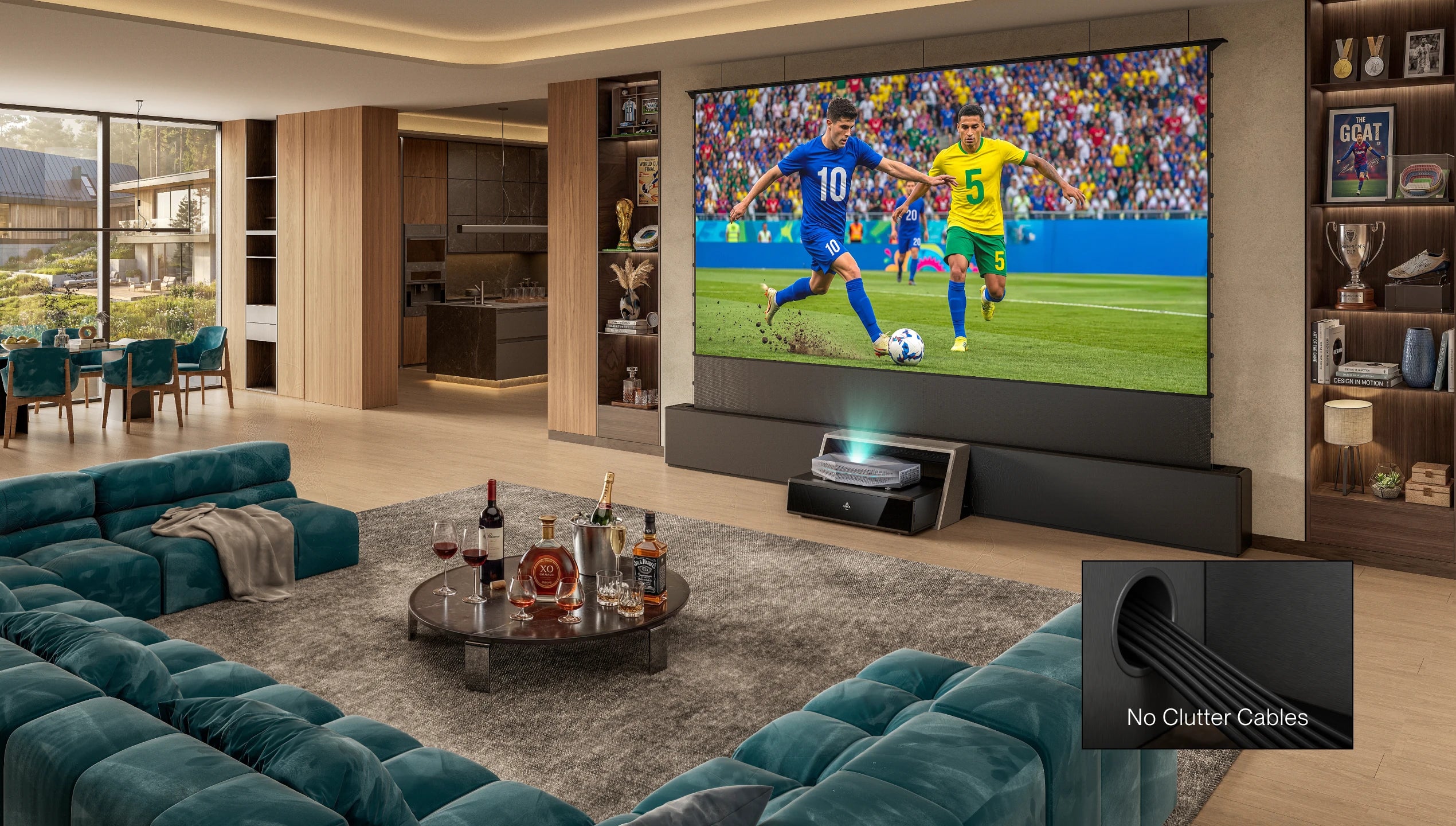 AWOL Vision living room projector setup showing a soccer match with hidden cable design for a cleaner space.