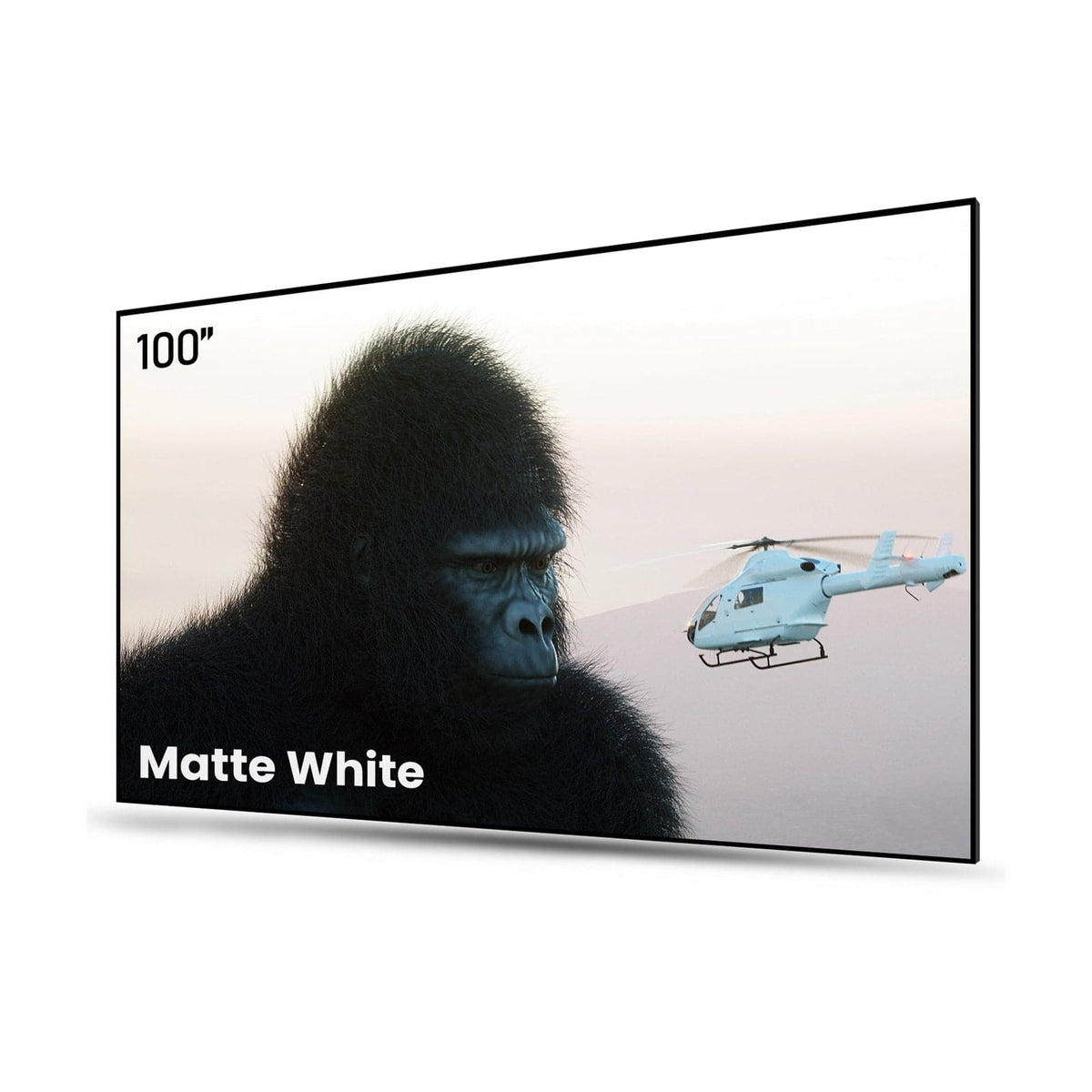 100" Matte White Screen displaying an image of a gorilla and a helicopter, perfect for each projector setups.